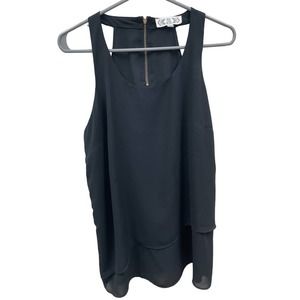 Pink Rose Black Tank Top Layered Flowy Zippered Racer Back Large